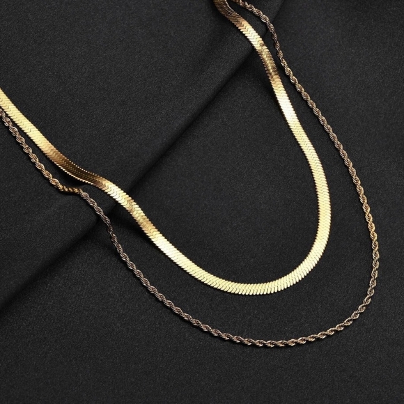 13 NWOT Stainless Steel 18k Double Gold Plated 2 Layer Flat Snake Rope Necklace - Picture 2 of 3